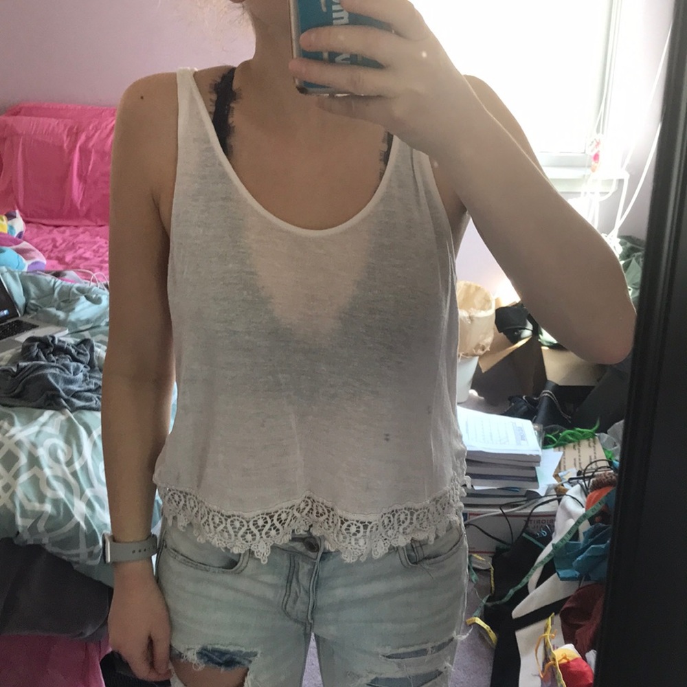 White tank top with crochet trim on bottom